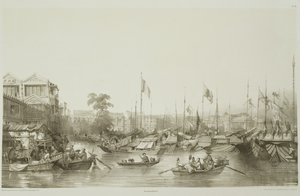 Európai gyárak Kantonban, 23. tábla a „Sketches of China”-ból, metszett: Eugene Ciceri (1813-90) 1842 (színezett litó)